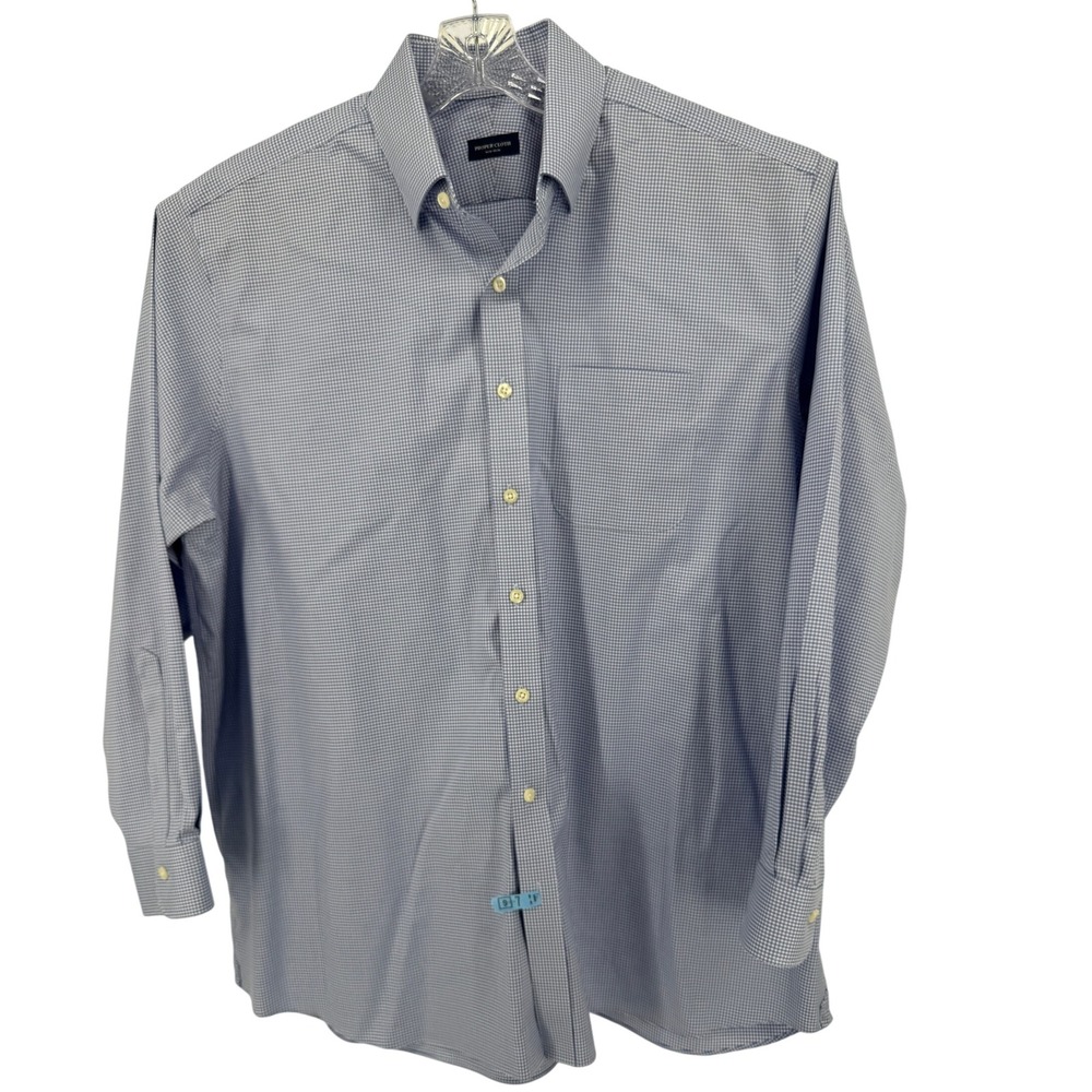 Proper Cloth Shirt 17.5 Blue Gingham Check Non-Iron Long Sleeve Dress Shirt